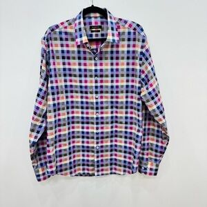 BUGATCHI Button Down Shirt Mens Custom Fit Long Sleeve Geo Print Blue Multicolor
